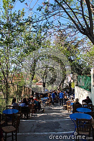 Old Picturesque cafe at the heart of athens greece called anafiotika Editorial Stock Photo